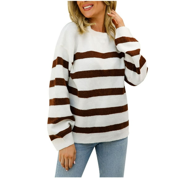 Striped Sweater Sevevn Women's Striped Long Sleeved Round Neck Pullover Knitted Sweater Top