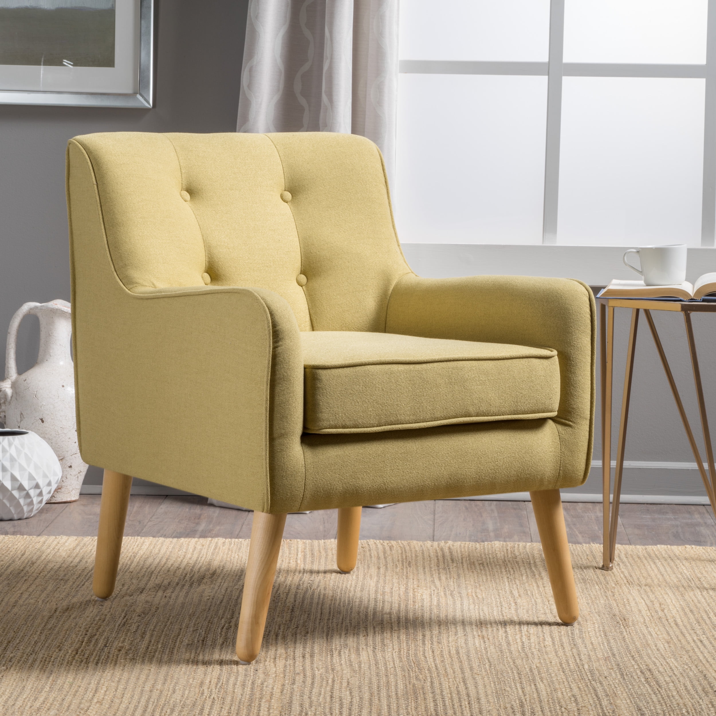 Noble House Ingrid Mid Century Tufted Back Fabric Arm Chair, Wasabi