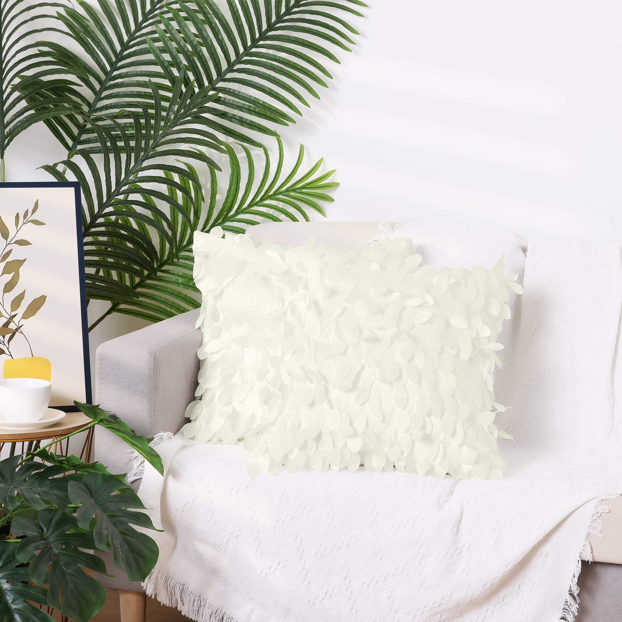 Unique Bargains Sequins Leaf 3D Throw Pillow Cover Pack of 4 Solid Color Cushion Covers Beige 18" x 18"