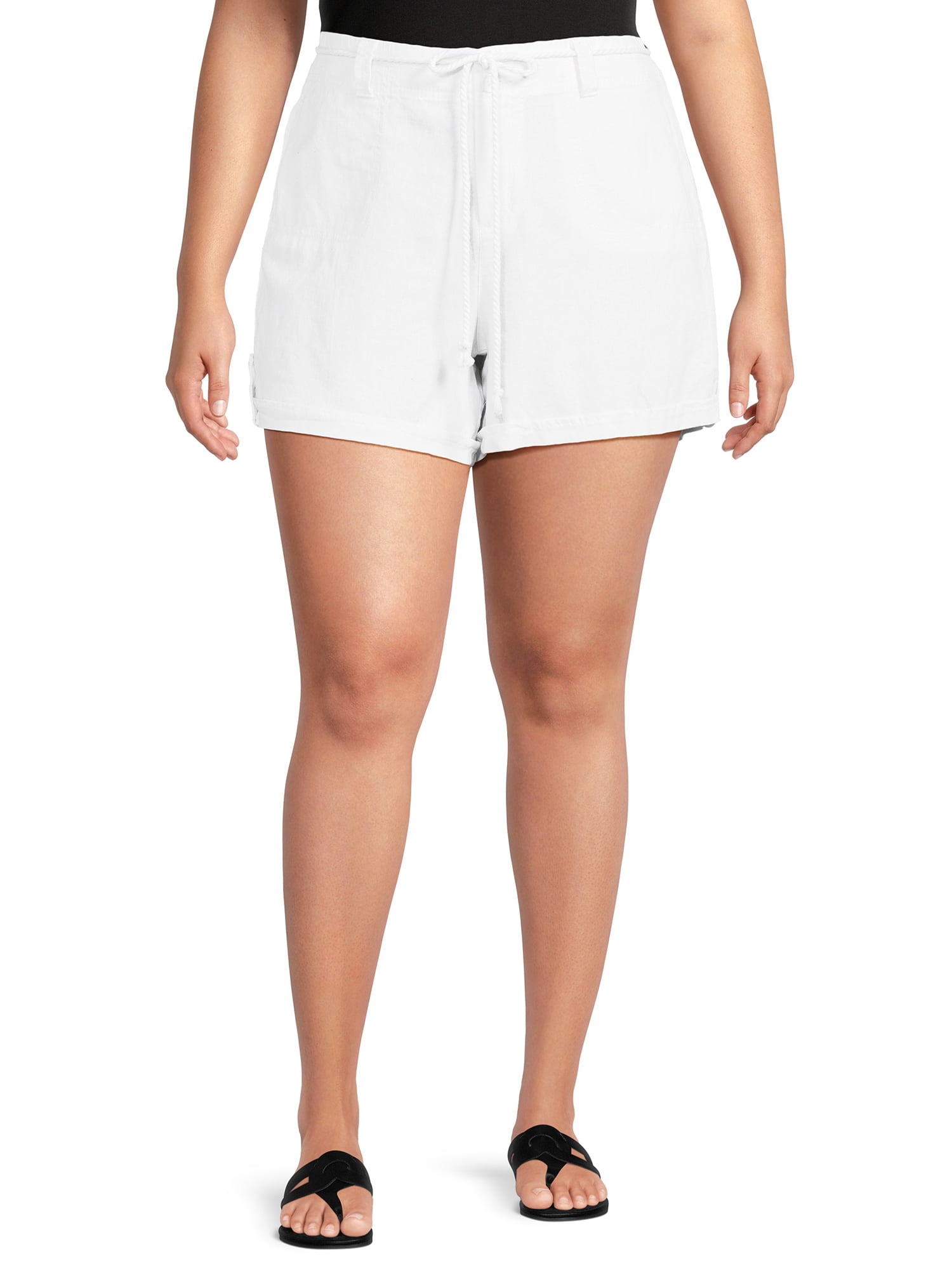 Dollhouse Women's Plus Size Cuffed Linen Shorts with Rope Belt