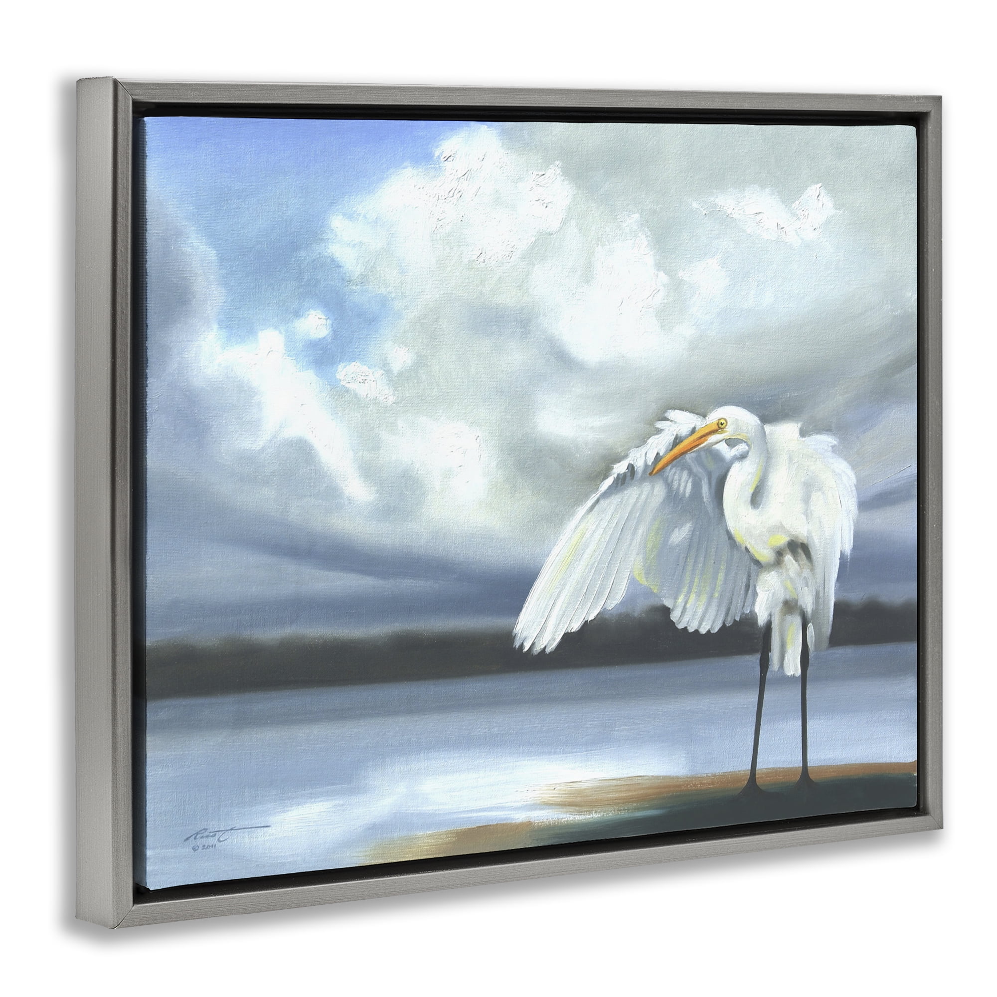 Stupell Industries Egret on Cloudy Beach Shore Animals & Insects Painting Gray Floater Framed Canvas Art Print Wall Art, 31 x 25