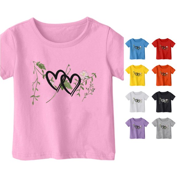 Rggeeun Toddler Girls Blouse Cute Heart & Floral Pattern Loose Large Breathable Crew Neck Short Sleeve for Summer Outdoor Activities Leisure Tops,Pink,1-2 Years
