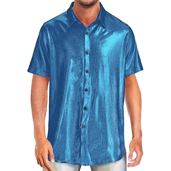 XIAONU Mens Metallic Shiny Button Up Shirt Short Sleeve Collared Pullover Blouse Lightweight Disco Party Night Out Tops