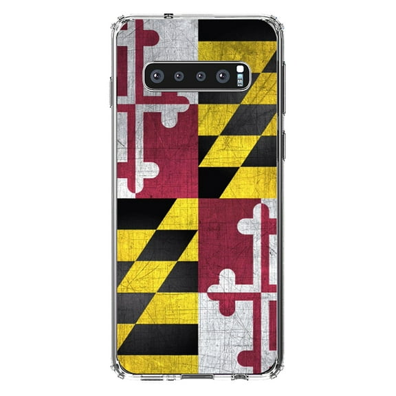 DistinctInk Clear Shockproof Hybrid Case for Samsung Galaxy S10 (6.1" Screen) - TPU Bumper, Acrylic Back, Tempered Glass Screen Protector - Old Weather Maryland Flag - Maryland