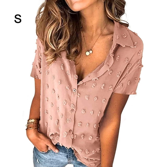 Camisa de mujer Blusa de gasa informal Camisa de manga corta con botones para niña, Rosa, S seitruly AP001376-16