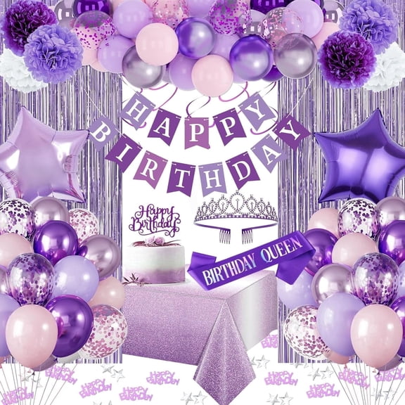 Purple Birthday Party Decorations with Balloons Banner Sash Crown Tablecloth Fringe Curtain for Women Girls