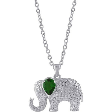 White Diamond Fashion Pendant - Diamond Accent and Emerald Gemstone Silver-Tone Elephant Fashion Pendant, 18