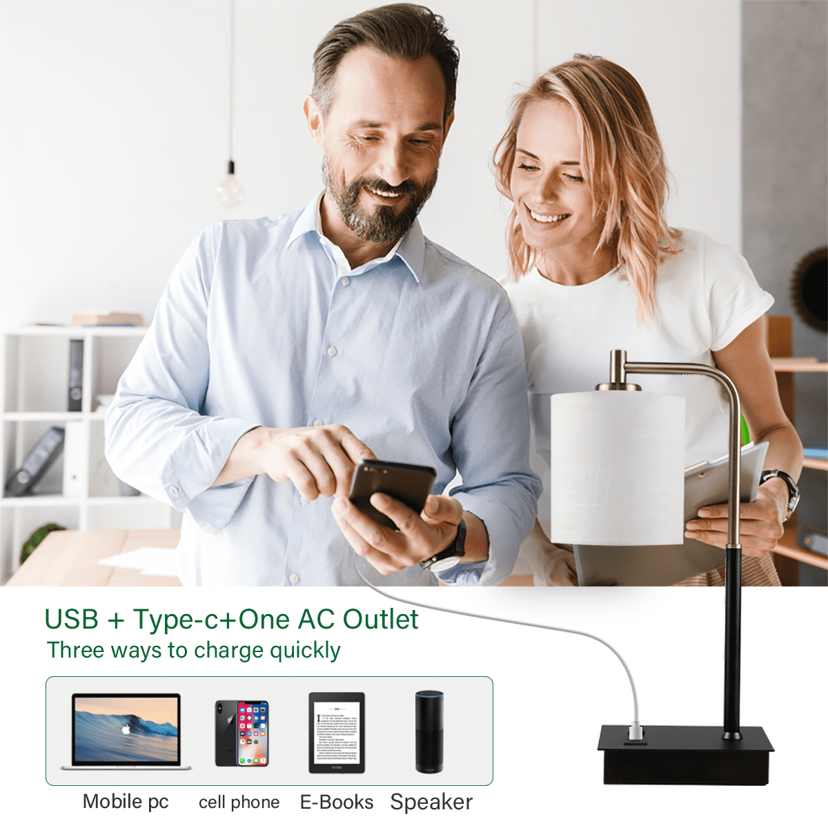 3-Way Dimmable Touch Control Table Lamp with USB A+C Port and Fabric Shade Bedside Lamp for Bedroom Living Room, Bulb Included