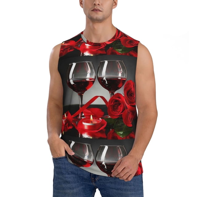 Fotbe Red Wine Rose Men's Camiseta sin Mangas Estampada para Hombres, Playera Casual para Gimnasio, Entrenamiento, Playa-Large