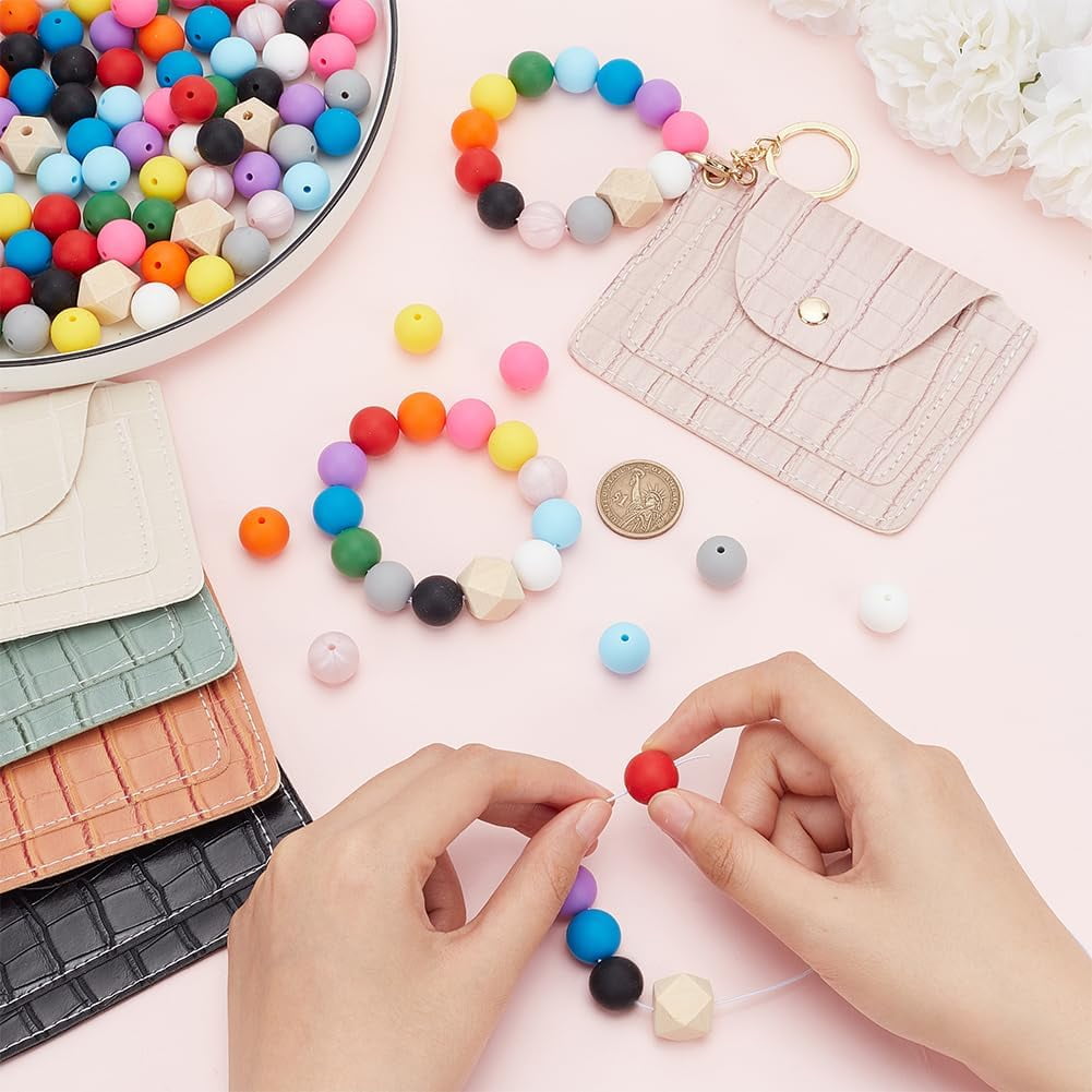 Silicone Beads for Keychain Making Kit 130pcs 13 Colors Beads with 5 PU Leather Card Holders 15/16mm Rubber Beads Set for Handicraft Rubber Keychain Bracelet Lanyard Making Mixed Color 2 Colorful DIY