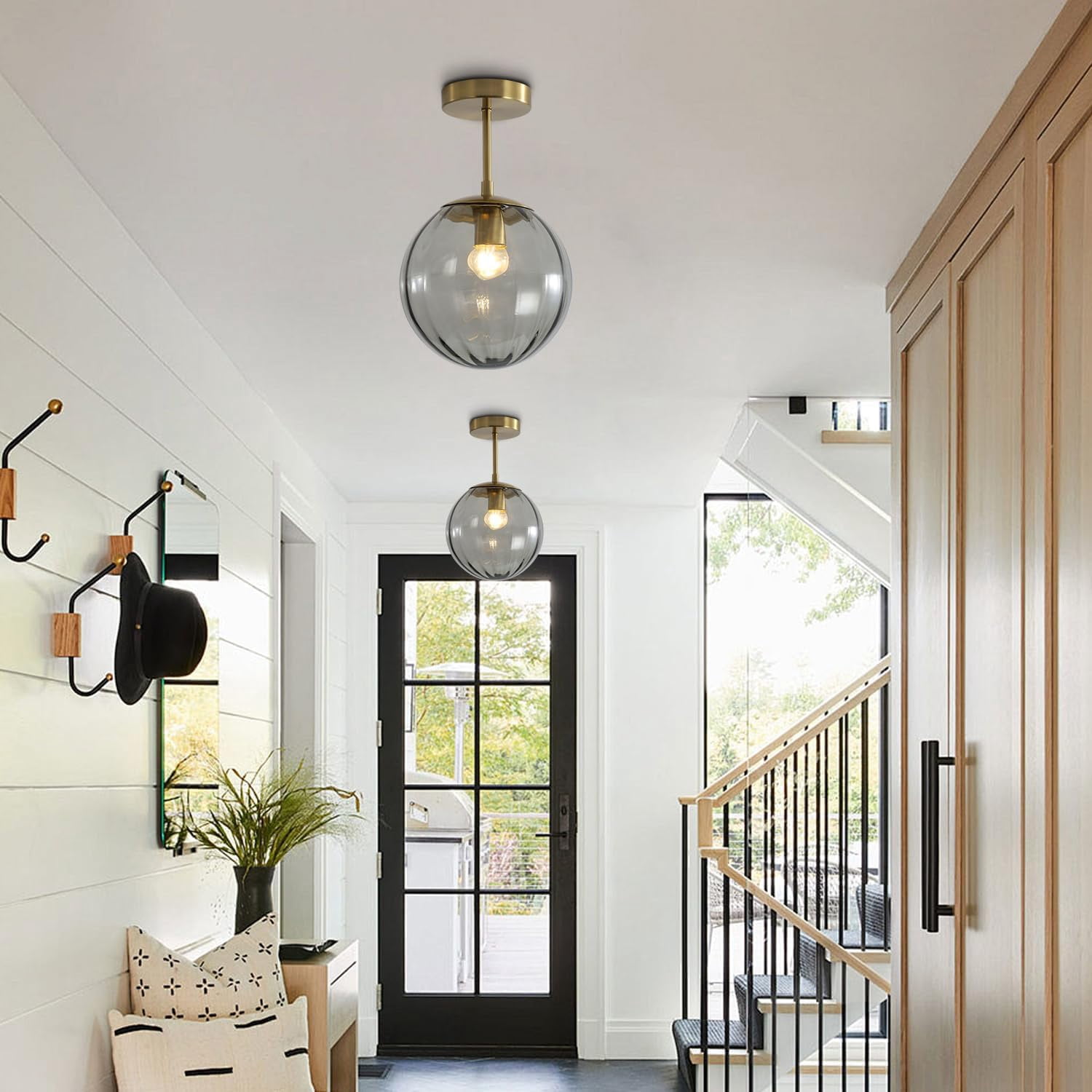 KCO Lighting Brass Gold Smoke Glass Semi Flush Mount Ceiling Light Industrial Large Globe Entryway Ceiling Light for Bathroom Porch