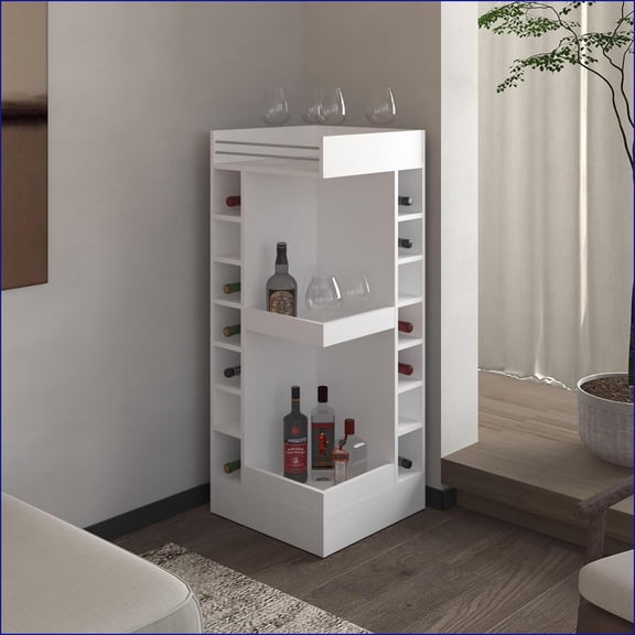 Corner Bar Cabinet with Wine Rack & Open Shelf, Modern White | Particle Board | Melamine