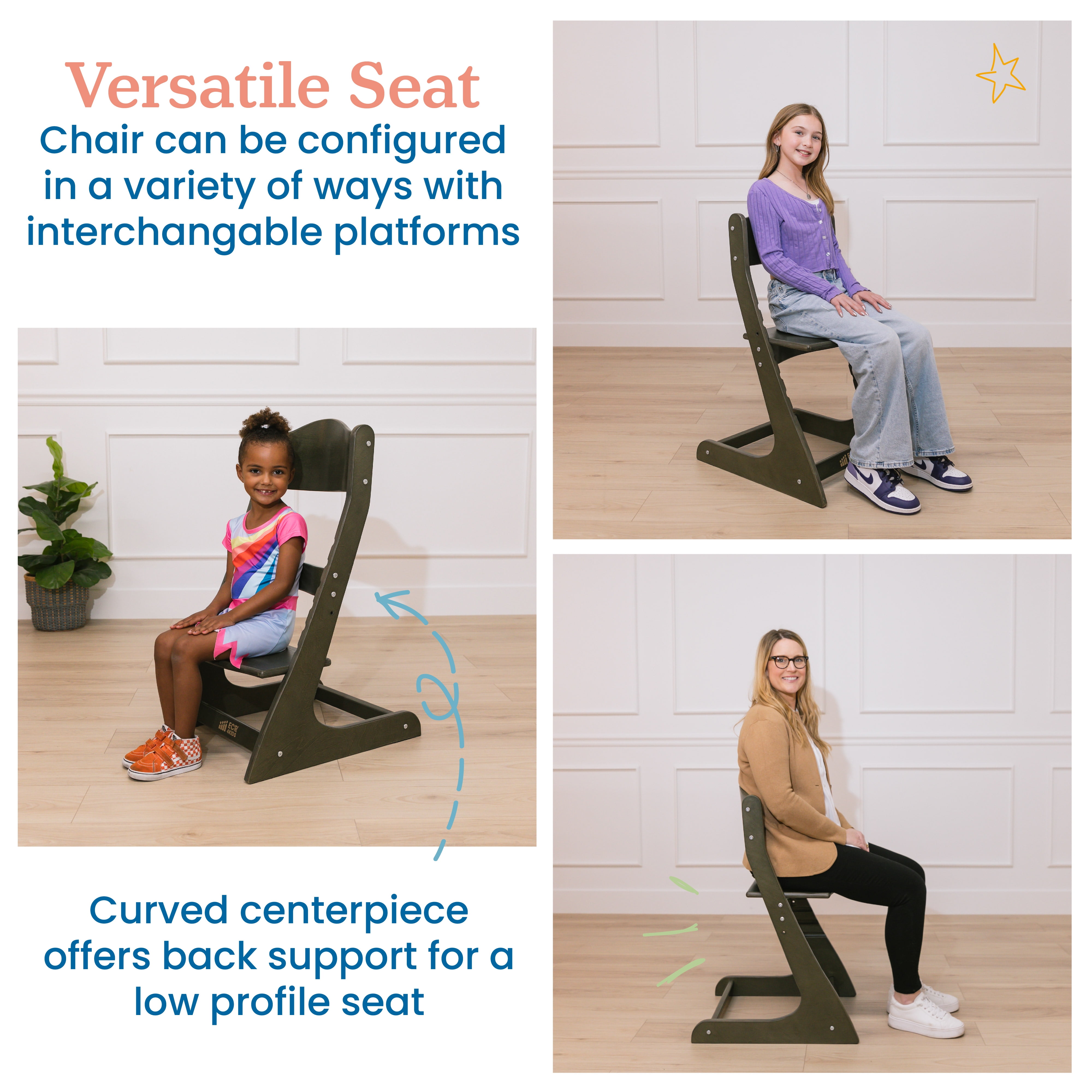 ECR4Kids Wooden Adjustable Grows with Me Transitional Chair, Montessori Furniture, Grey Wash