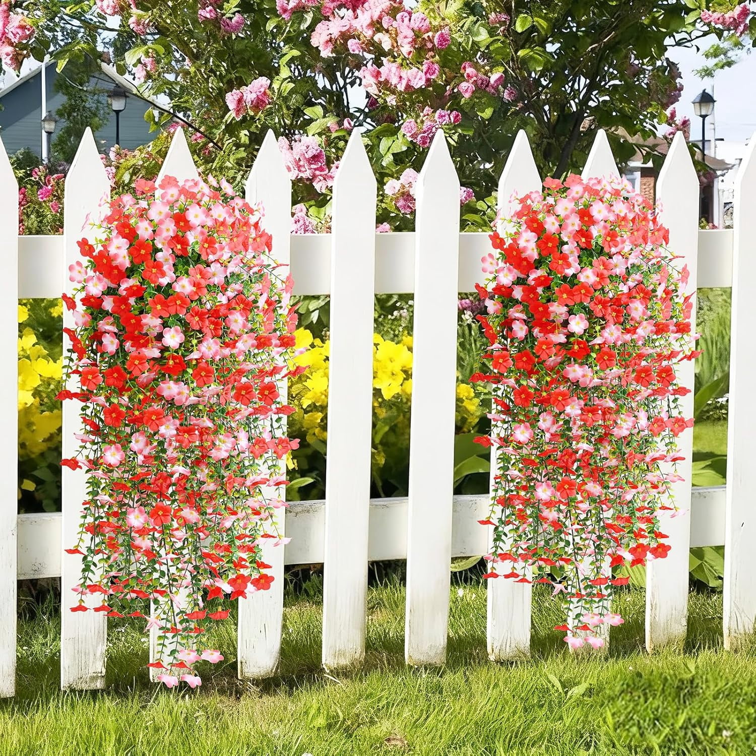 Yastouay 4pcs Artificial Hanging Flowers for Outdoors, UV Resistant Fake Flowers,Red Violet Outdoor Faux Plants for Garden Balcony Yard Porch