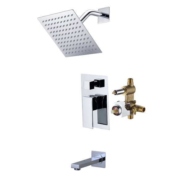 SUMERAIN Modern Tub and Shower Faucet with Pressure Balance Valve, 8-Inch Square Rain Showerhead System with Tub Spout, Chrome