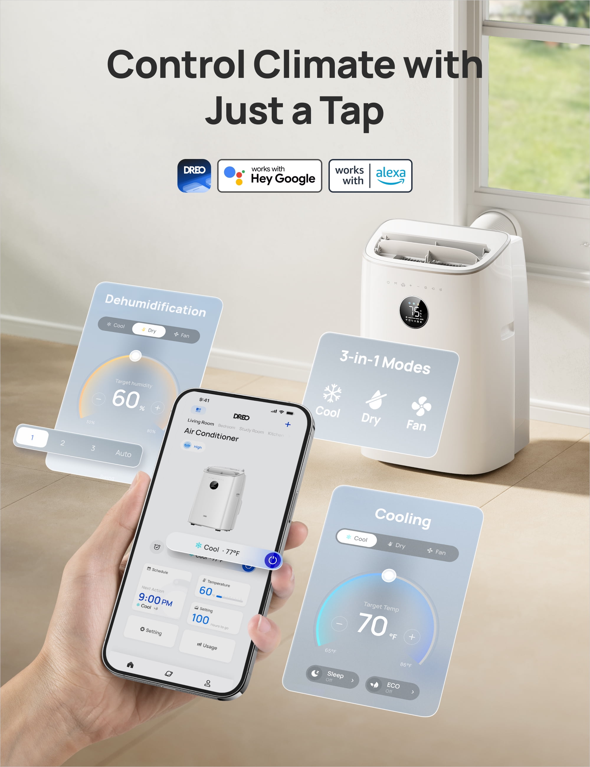 DREO Portable Air Conditioner 8000 BTU ASHRAE (5000 BTU DOE), Drainage-free Cooling, 45dB Quiet Smart Standing AC for Room, APP/Voice/Remote, 24H Timer with Fan/Dehumidifier, Covers up to 150 sq. ft