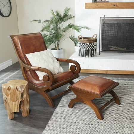 Traditional Teak Wood Accent Chair with Arms and Ottoman Brown - Olivia &#38; May: Leather Upholstered, No Assembly Required