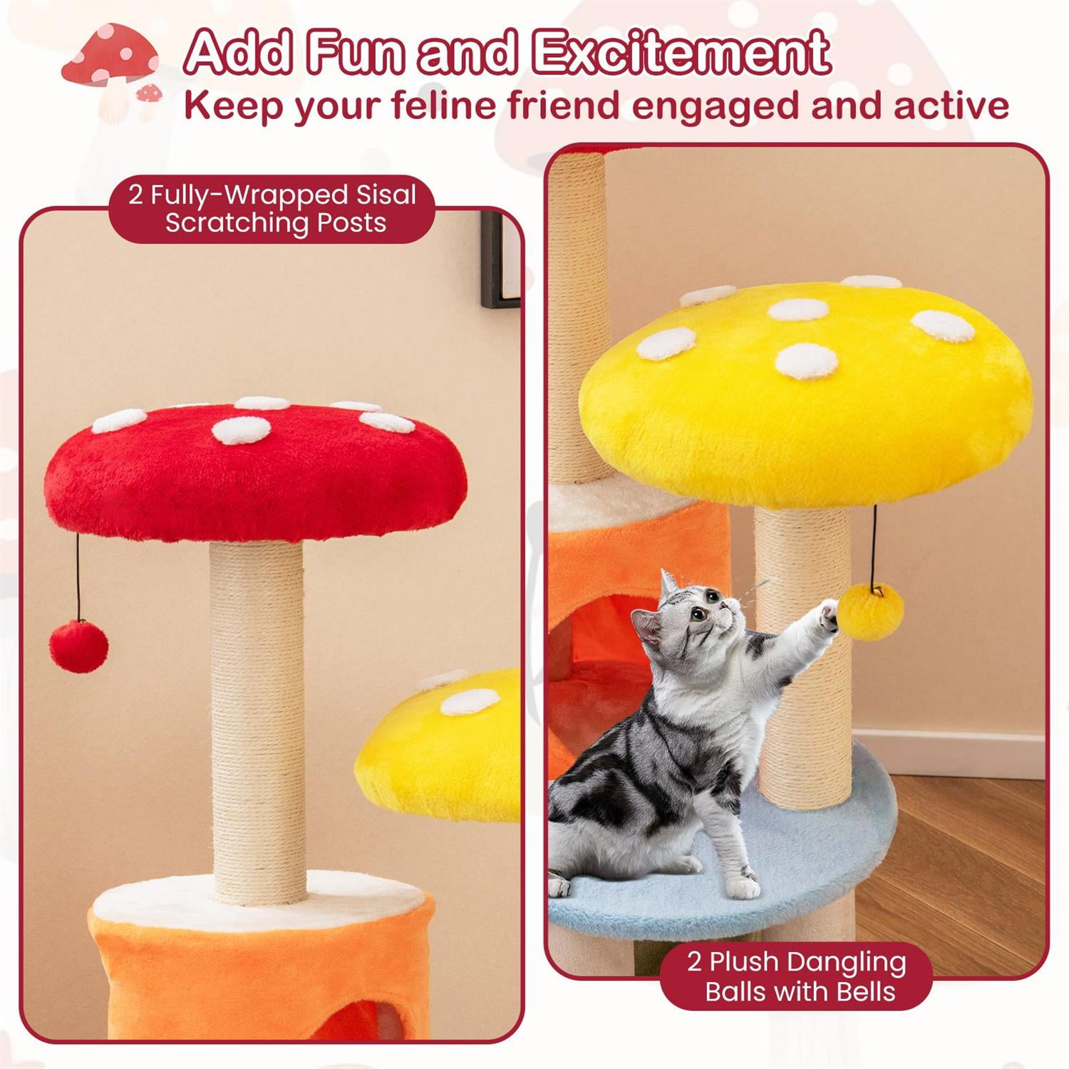 Pefilos 43" Tall Cute Cat Tree, 2 Condos & Padded Platforms, Sisal Scratching Posts, Multicolor