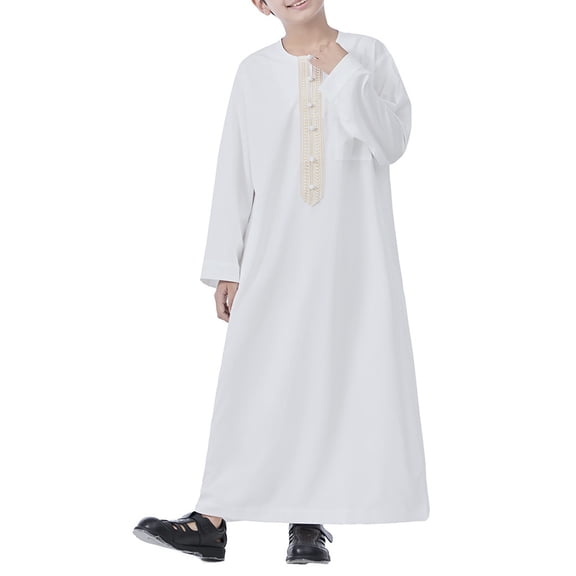 Otqutp Boys Arab Thobe Muslim Kaftan Kids 𝗜slamic Clothing Ethnic Trim Ramadan Prayer Clothing Long Sleeve Arabic Robe Dress