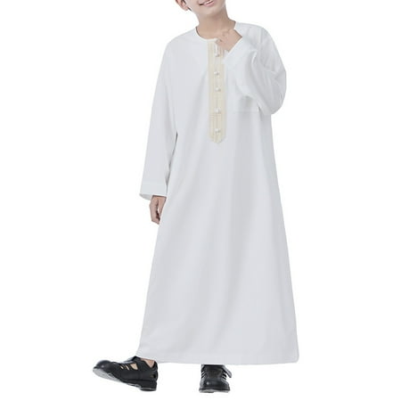 XXWXYD Boys Musli𝗆 Thobe Long Sleeve Lace Embroidery Front Pockets Traditional Islami𝖼 Eid Prayer Ceremonial Robe Abaya Kids Religiou𝗌 Wear Plain Design