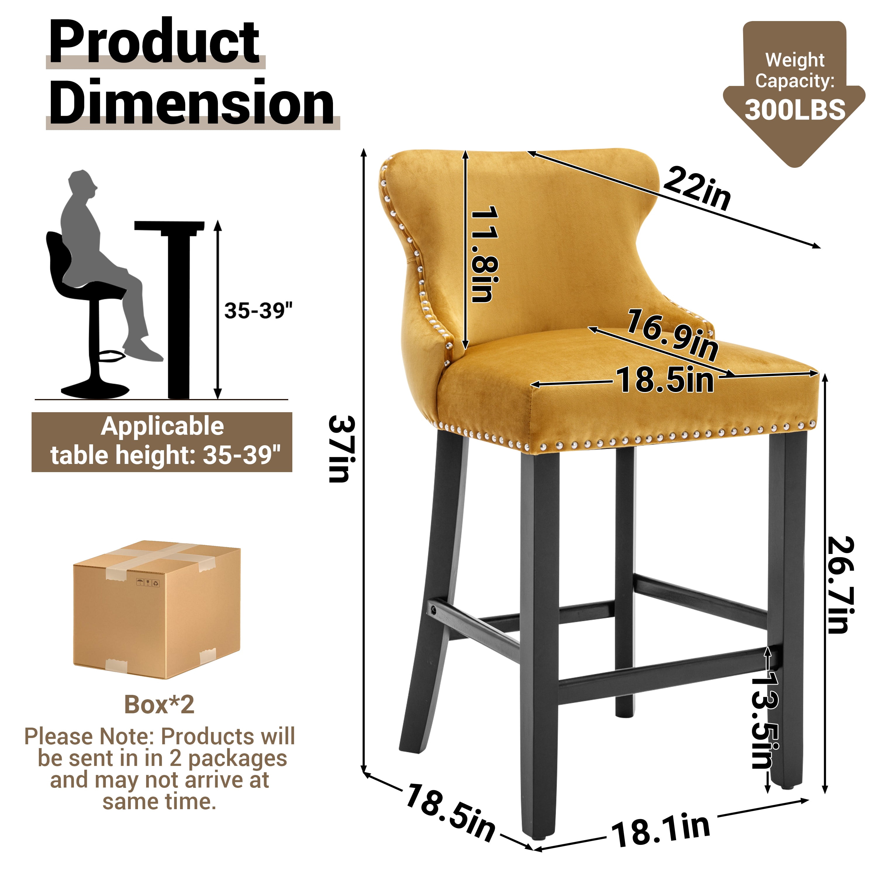 Bar Stools Set of 2, LegaHome 26" Counter Height Bar Stools with Back Sets of 2, Velvet Upholstered Bar Stool with Button Tufted & Nailhead Trim, Counter Stool for 35-39" Kitchen Island, Yellow