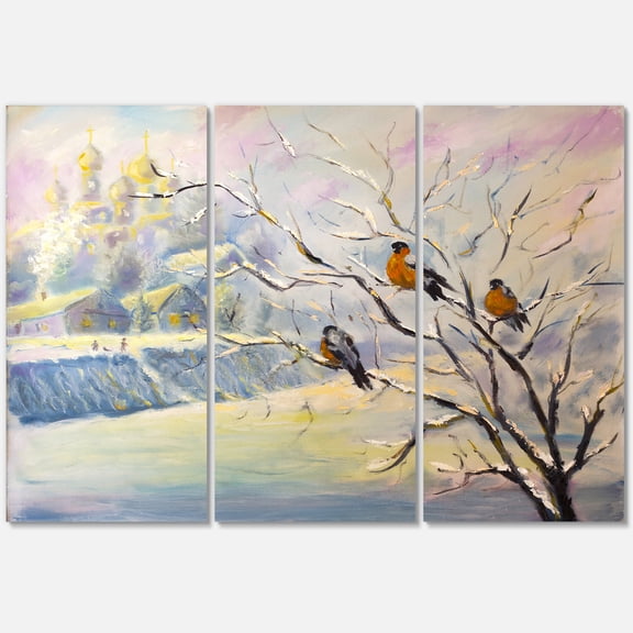 Designart ' Rustic Birds Sitting On A Tree In Winter Village ' Farmhouse Canvas Wall Art Print