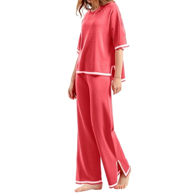 Ensemble Pantalon 2 Pcs pour Femmes Col Rond Manches Longues Coupe Ample Couleur Unie Tenue Quotidienne
