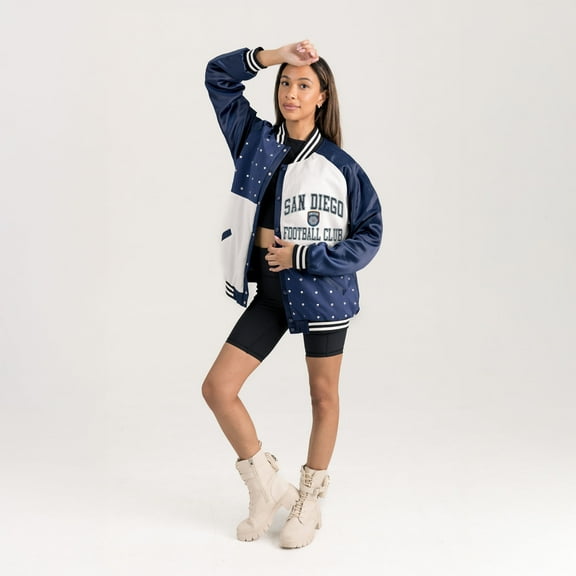 Women's Gameday Couture Navy San Diego FC Refined Rivalries Rhinestone Raglan Full-Snap Varsity Bomber Jacket