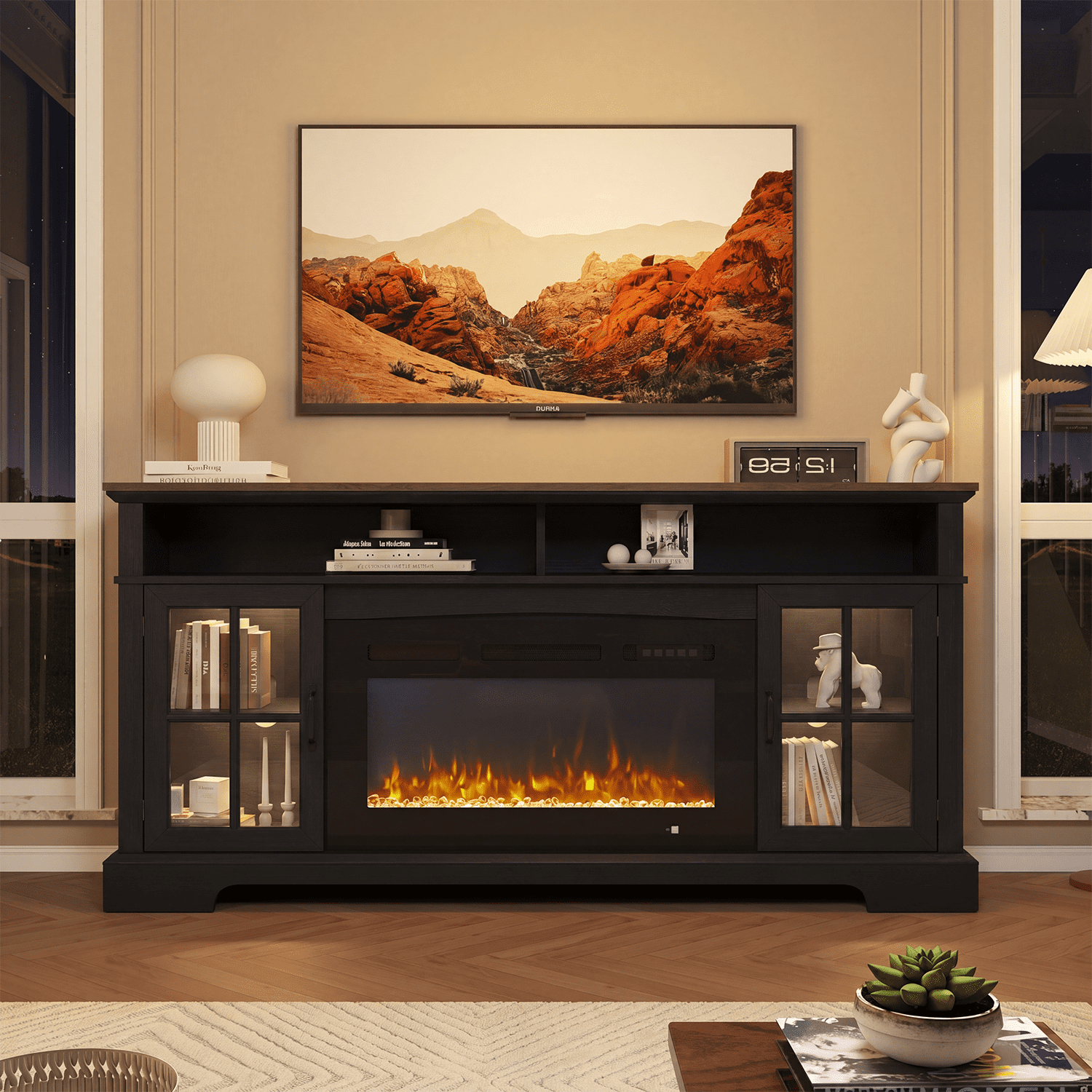 Sonegra Fireplace TV Stand with Glass Door for TVs up to 80", 70" Entertainment Center with Fireplace, Media Console for Living Room, Black