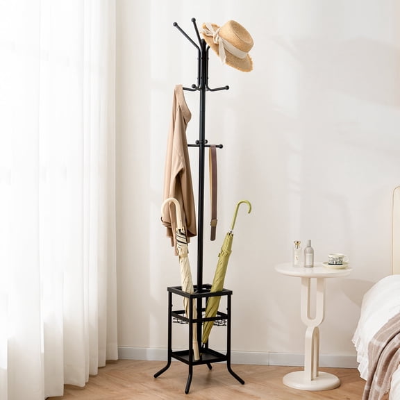 Coat Rack Freestanding, Coat Tree with Umbrella Holder, Metal Coat Rack Stand with 12 Hooks, Hall Tree Purse Rack for Entryway, Living Room,Black