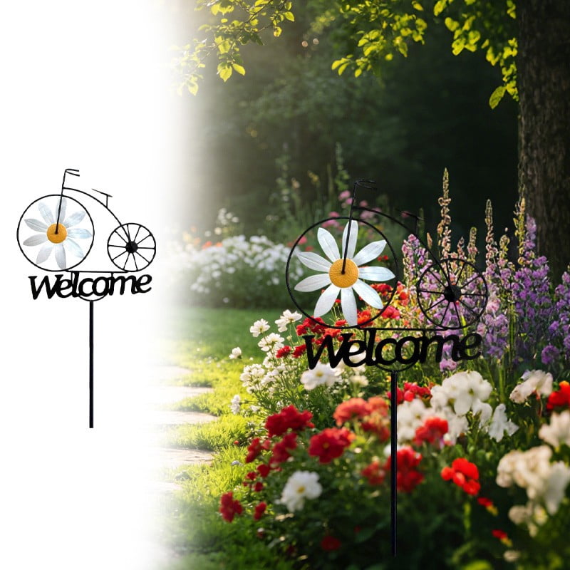 Garden Windmill Spinners Whimsical Summer Dasiy Flower Welcome Stake Figurine Sculpture Weather-Resistant Outdoor Floral Art Sign for Yard Patio Lawn Decor