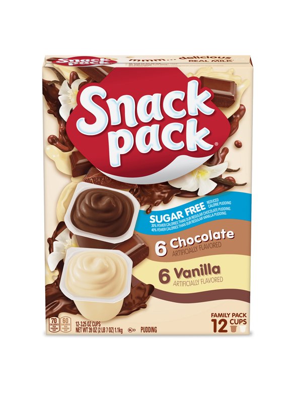 Snack Pack Sugar Free Chocolate and Vanilla Flavored Pudding Family Pack, 12 Count Pudding Cups (6 Pack)