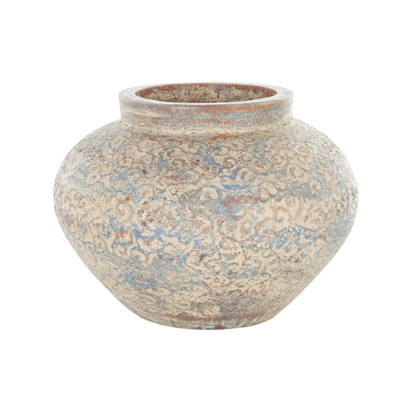 DecMode 10" Scroll Handmade Antique Style Wide Rounded Beige Ceramic Vase with Blue and Copper Accents