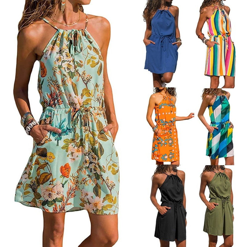 Sundresses for Women Casual Halter Neck Floral Summer Dress Sleeveless A line Swing Dress with Pockets Ulanda