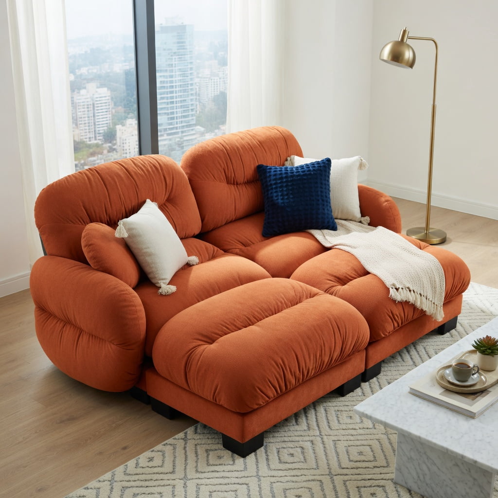 Hommoo Chenille 2-Seater Modular L-Shaped Sectional Sofa with Ergonomic Foam, Curved Armrests, 2 Ottomans & Throw Pillows, Pleated Back Design, Orange