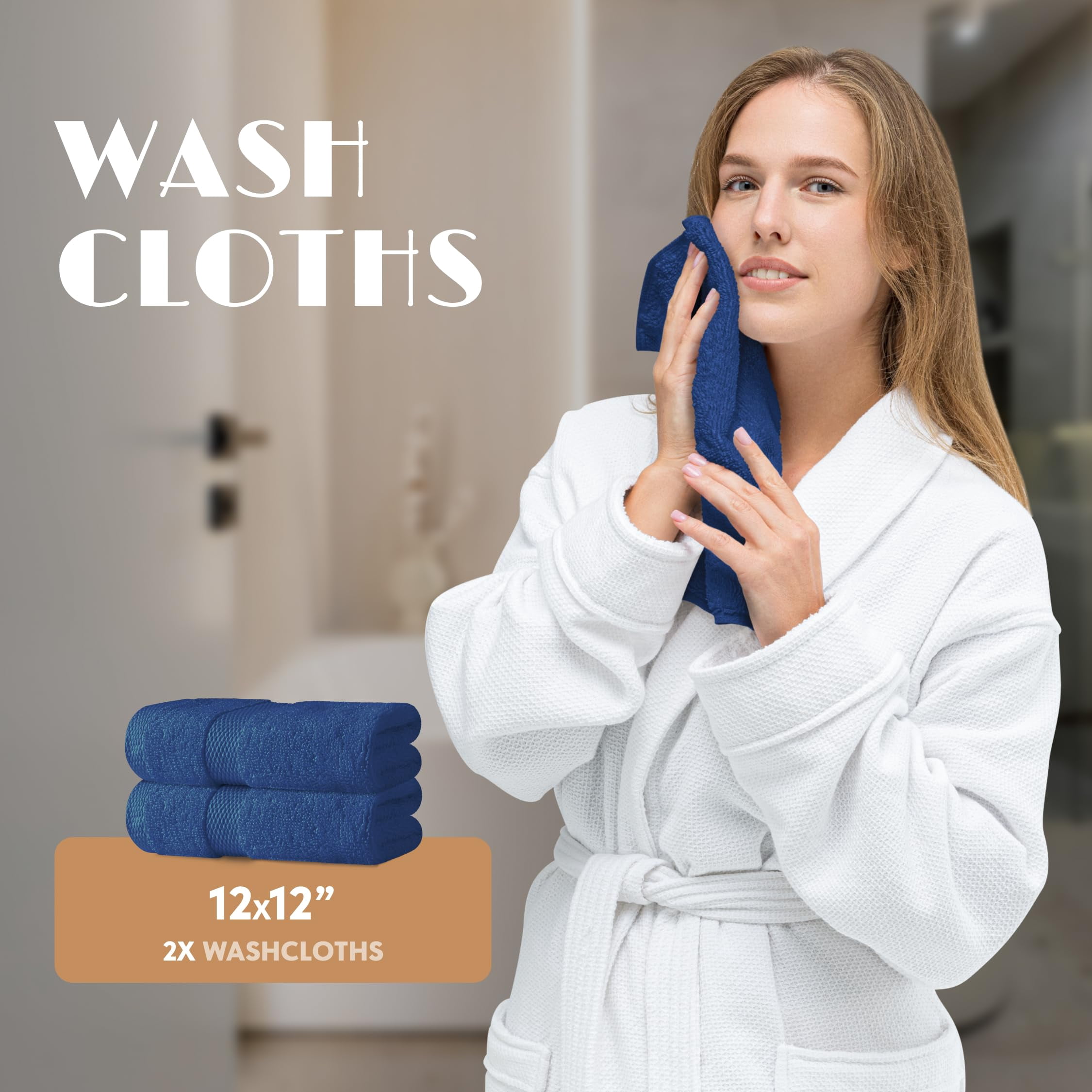 White Classic Navy Blue Bath Towel Set of 6 - 100% Cotton Highly Absorbent Towels for Bathroom, 2 Luxury Bath Towels 650GSM, 2 Hand Towels, 2 Washcloths