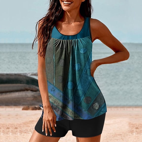 WXLWZYWL Summer Women's Tankini Swimsuits with Shorts Tummy Control Bathing Suits Swimdress with Pockets