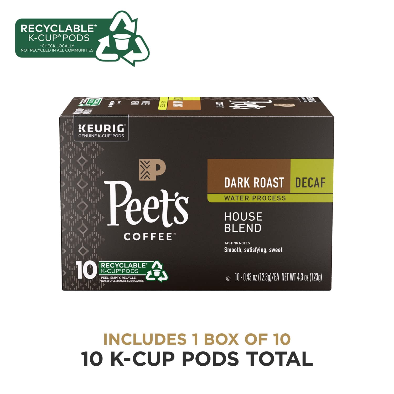 Pack of 2 - Peets Coffee, Dark Roast Decaffeinated Coffee K-Cup Pods For Keurig Brewers - Decaf House Blend 10 Count (1 Box Of 10 K-Cup Pods) Packaging May Vary