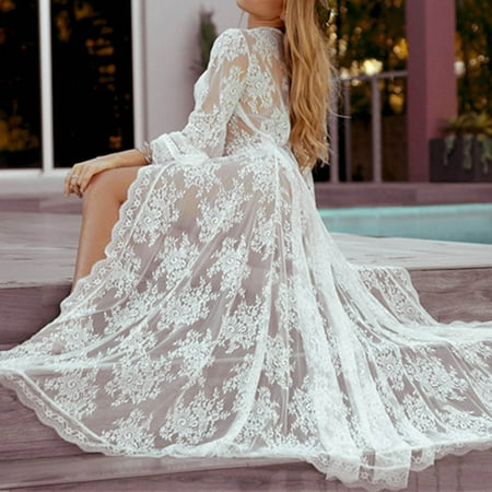 Tqcoqu Women Sexy Long Dress Ladies Sheer Gown Lingerie Cardigan Lace Nightwear