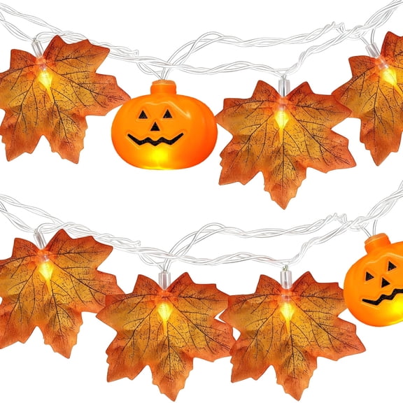 9.8 ft / 3 m Halloween Pumpkin Maple Leaf String Lights, 20 LED Warm Orange Fall Decor, Thanksgiving Harvest Lights, for Spooky Season, Parties, Indoor/Outdoor
