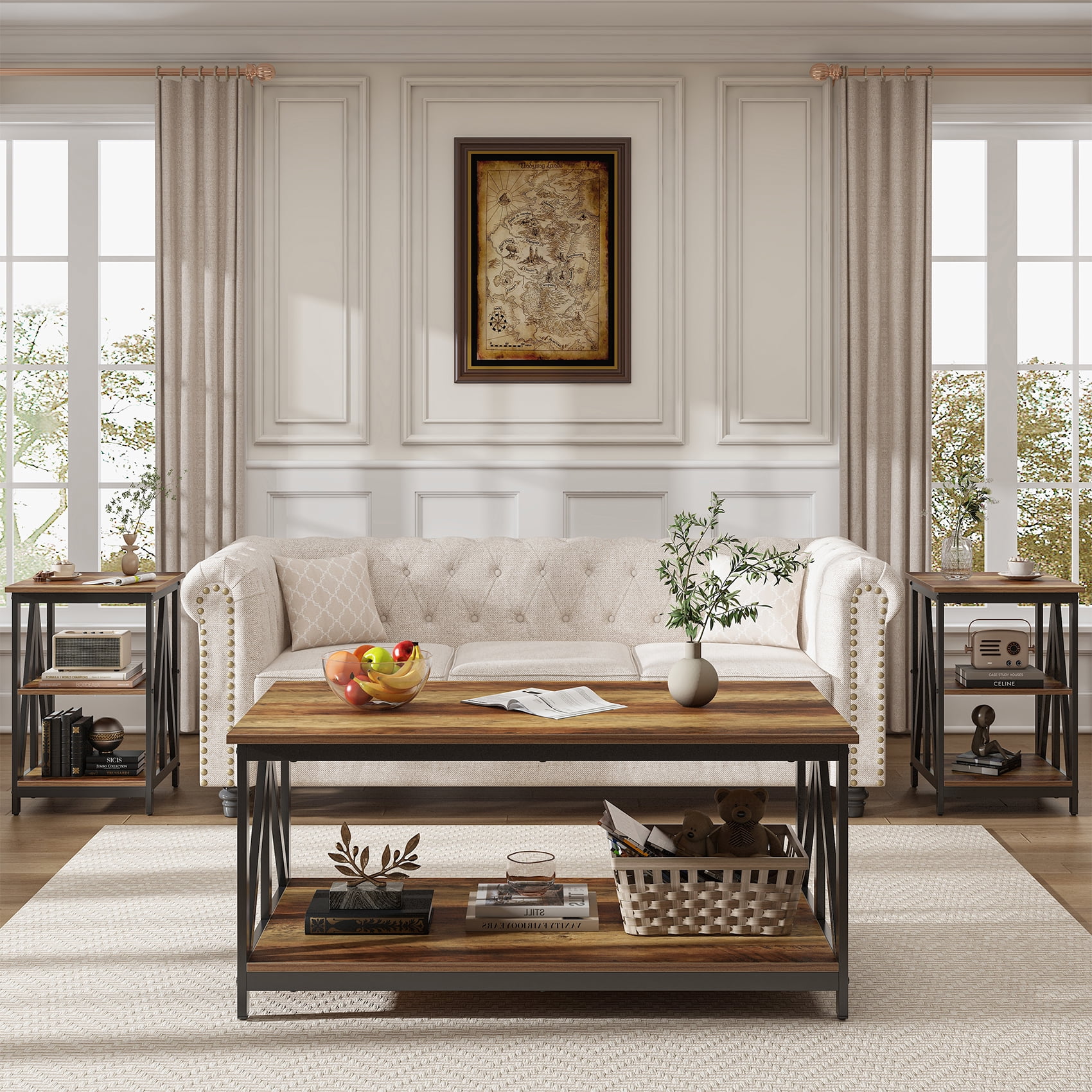 Frmobepts Living Room Coffee Table Set of 3, Modern Coffee Table and 2 End Side Tables, 3 Piece Living Room Table Set with Large Storage for Apartment Home, Brown