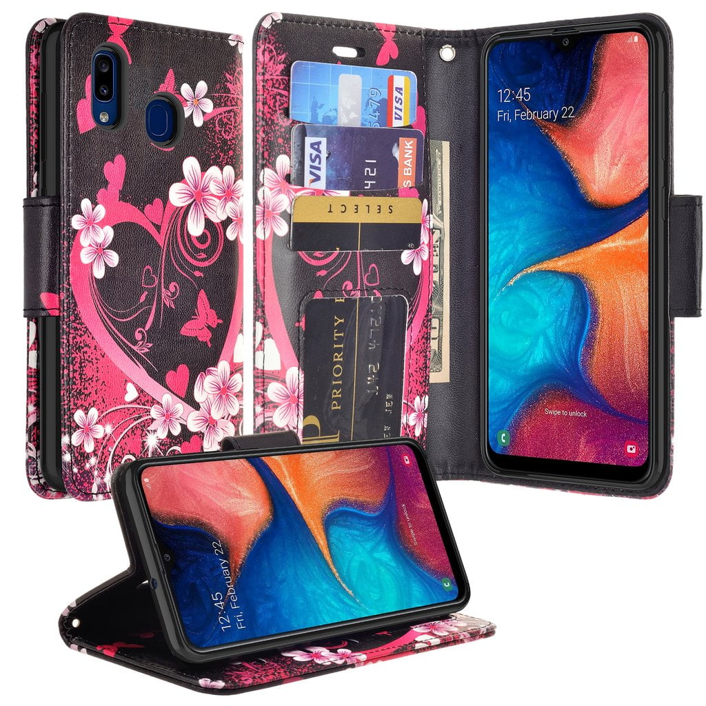 Robinsoni Case Compatible with Samsung Galaxy A10 PU Leather Wallet Cover Butterfly Case Glossy Glitter Cherry & Cat Printed Book Case TPU Silicone Inner Case Folio Flip Magnetic Floral Case Rose Gold