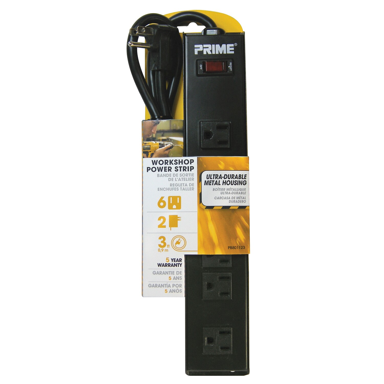 Prime PB801123 6 Outlet Black Metal Power Strip With 3' Cord