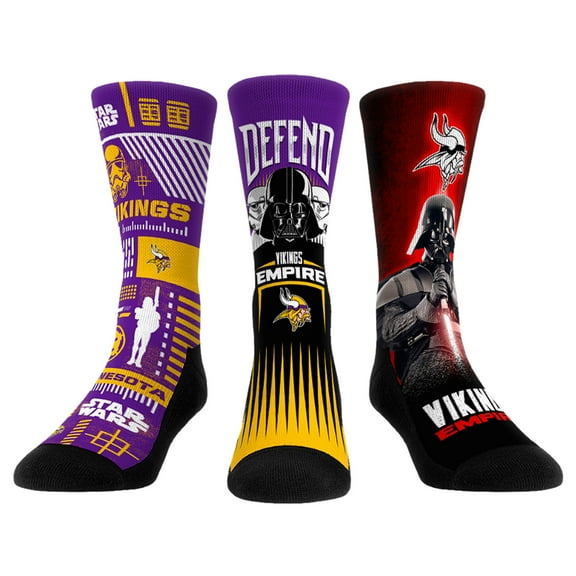 Rock Em Socks Stormtrooper & Darth Vader Minnesota Vikings Three-Pack Star Wars Crew Socks Set