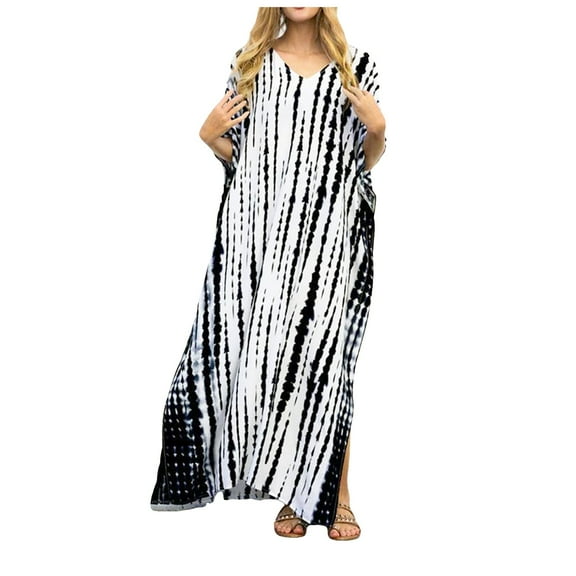 OVINYER Dress Women Plus Size Kaftans Casual V-Neck Long Soft Beach Maxi For Summer Stylish Party Sundress