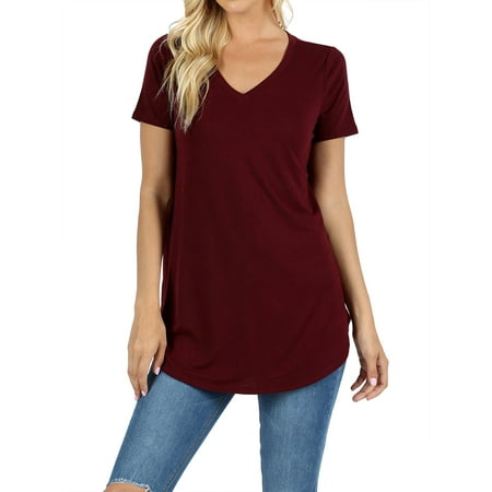 Zenana Women & Plus Short Sleeve V Neck Round Hem Relaxed Fit Casual Tee Shirt Top