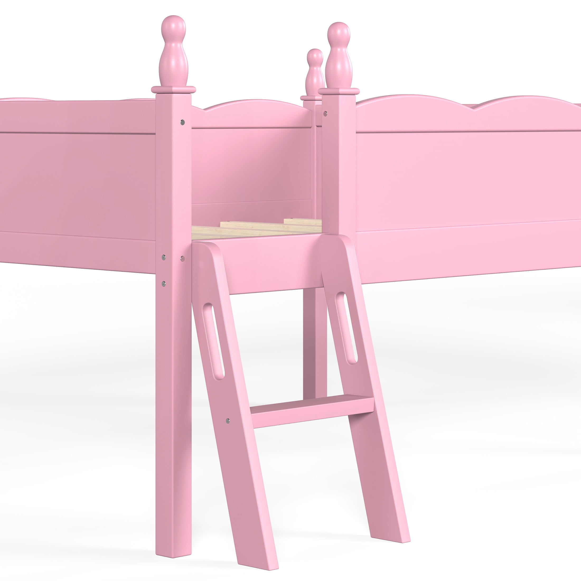 GDF Studio Full Size Low Loft Bed with Guardrails, Ladder & Side Bookshelf, Chic Design, Pink