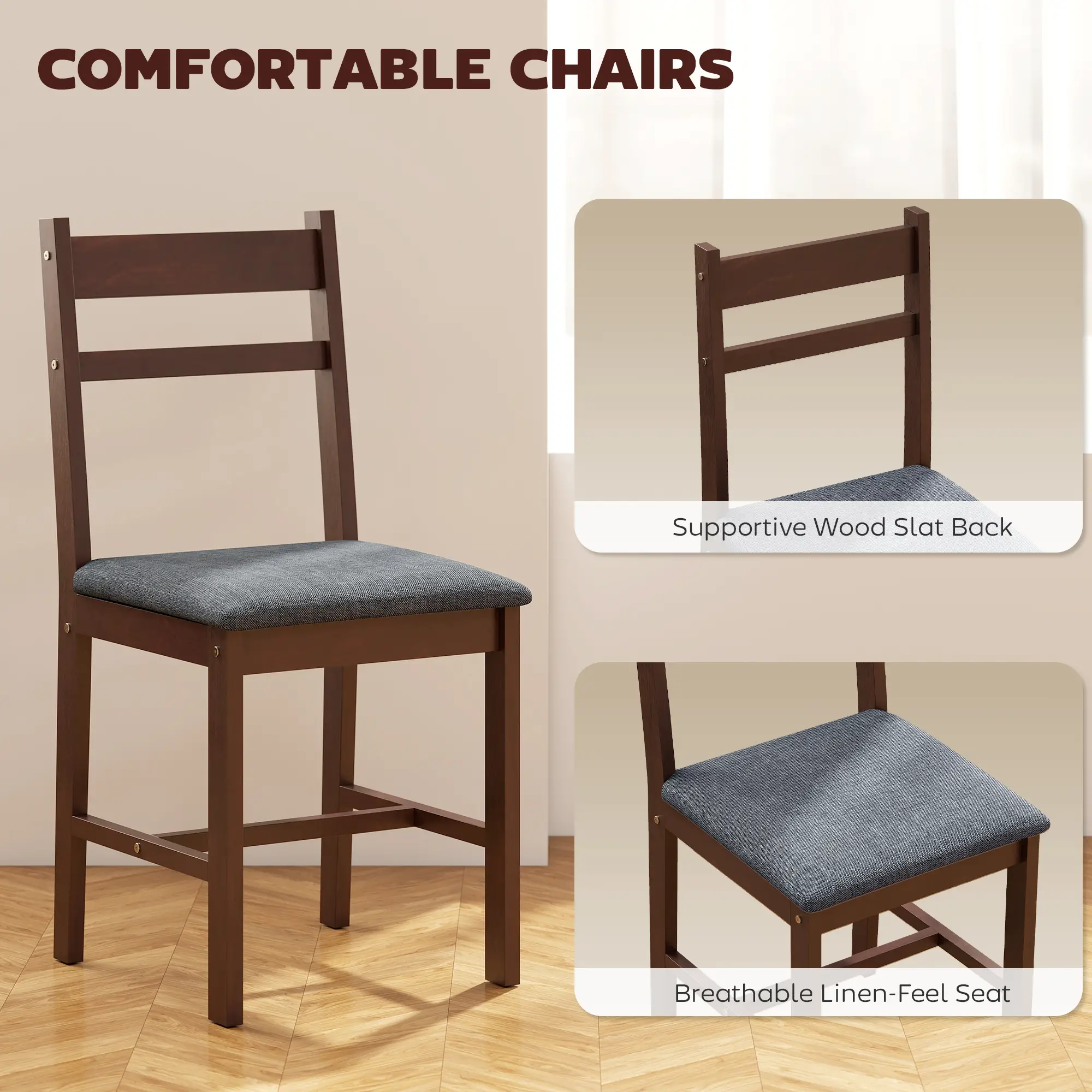 5-Piece Dining Room Set for 4, Rubberwood Table and Chairs with Linen Upholstery, Gray/Walnut