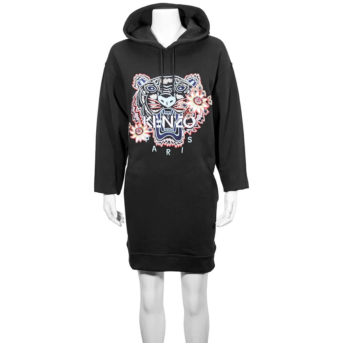 Kenzo Tiger Embroidered Hooded Sweatshirt Dress in Black, Size Medium, Women's