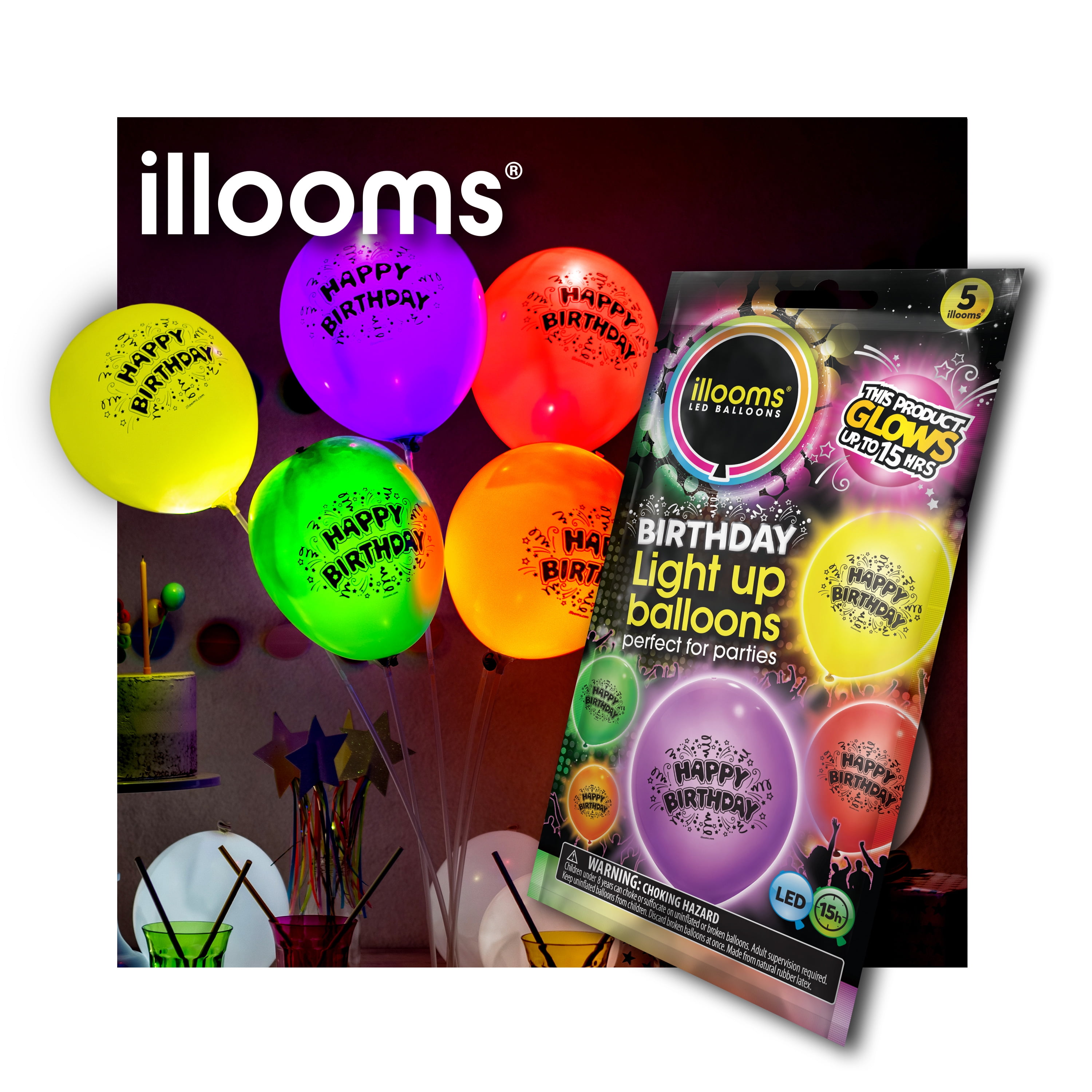 Illooms Printed Happy Birthday LightUp Balloons, 5pk, Mixed Colors